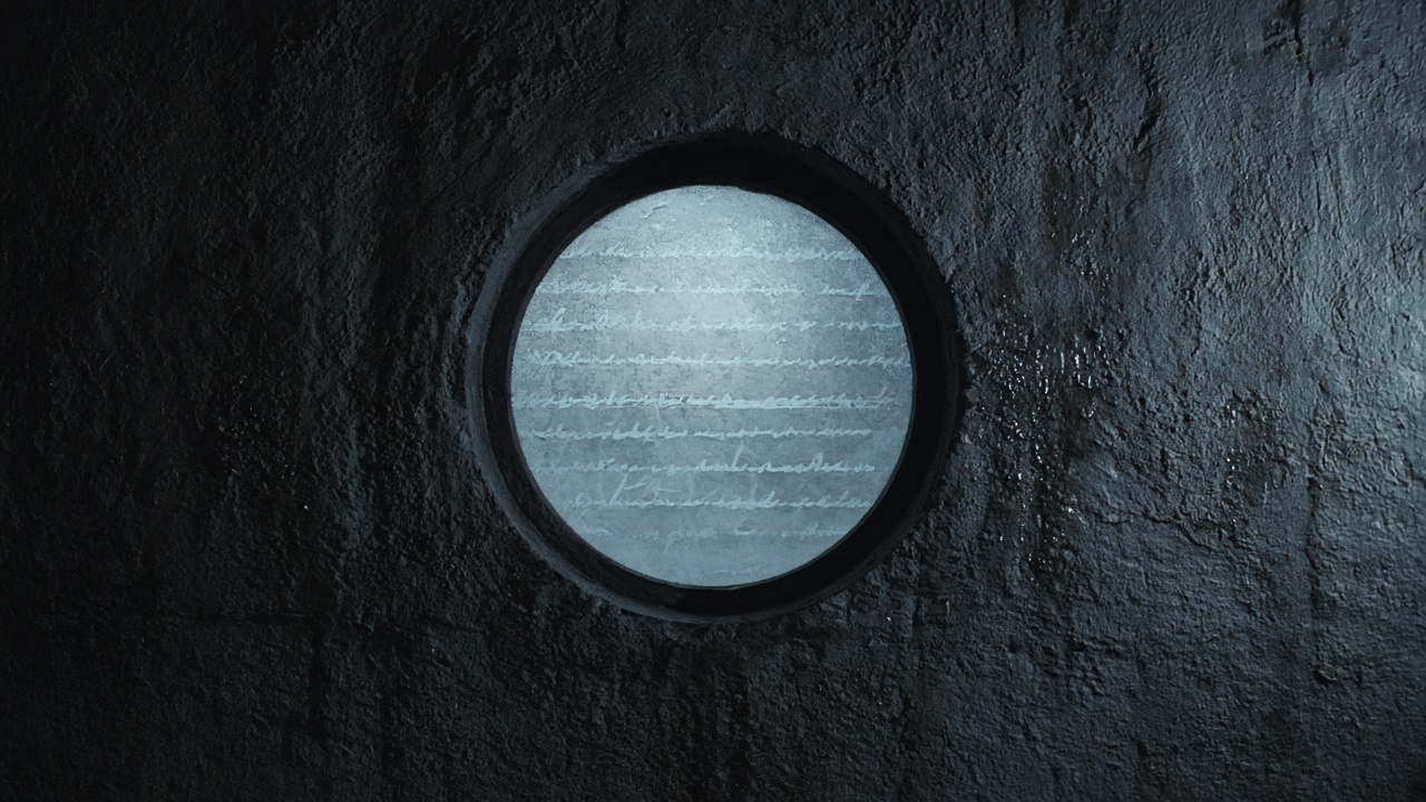 A round sealed hole in a dark stone wall